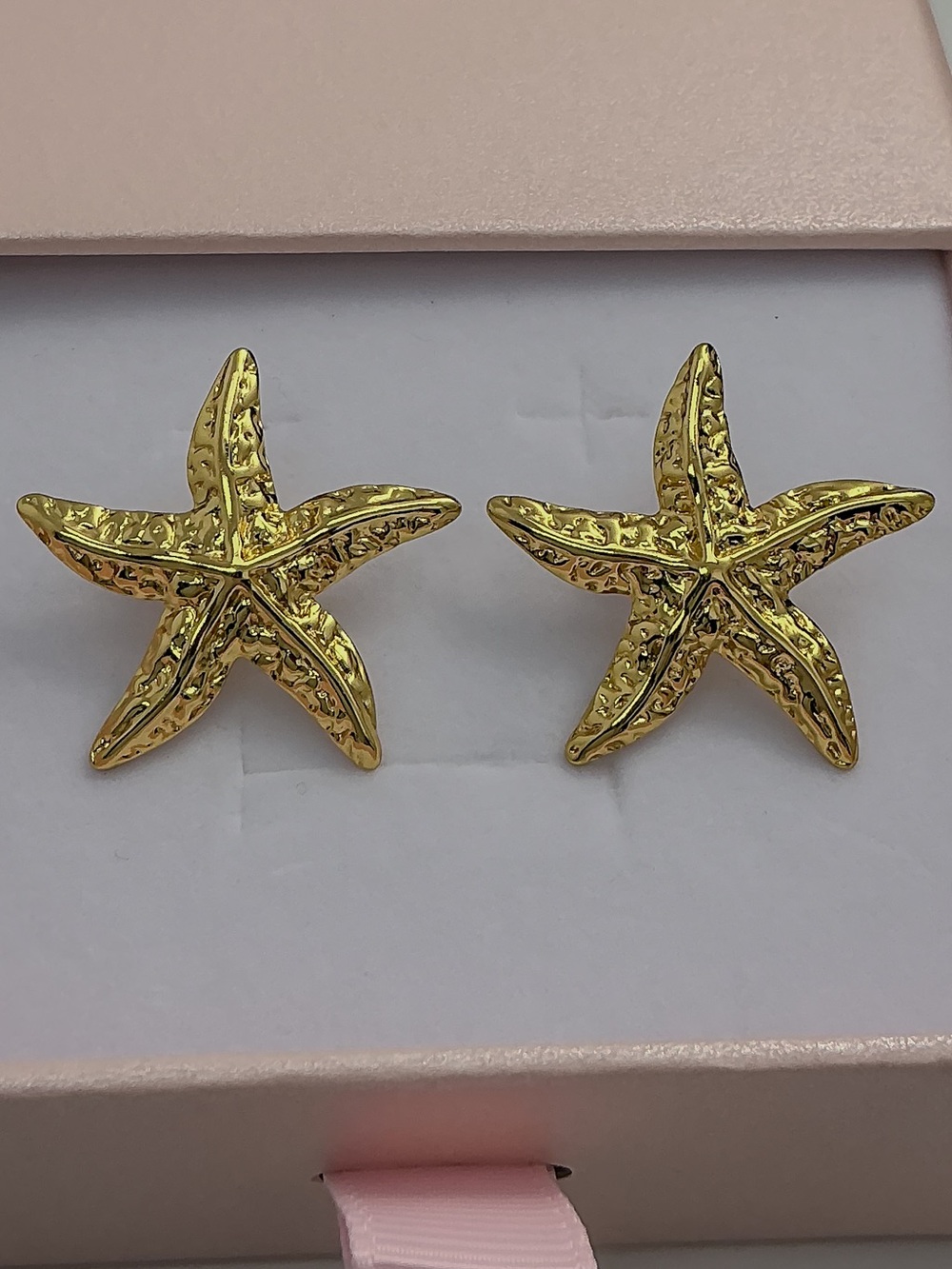Gold Starfish Sculpted Textured Hypoallergenic Earrings Coastal Beach Wear
